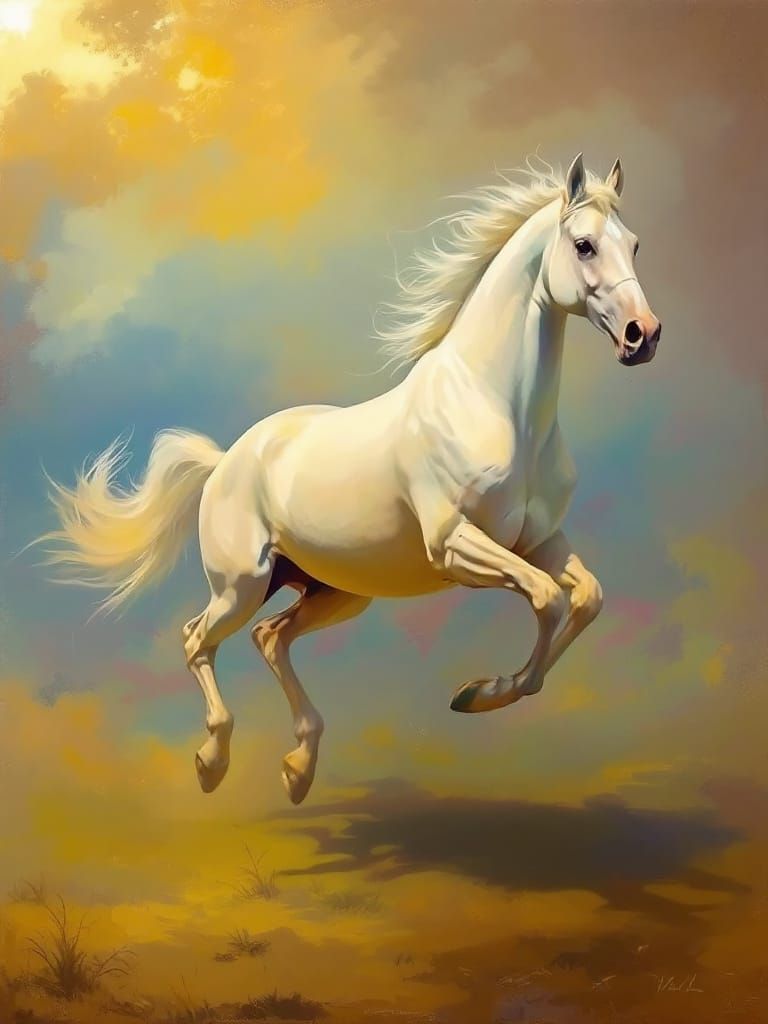 Horse Leaping Through Sunlit Clouds in Golden Age Realism