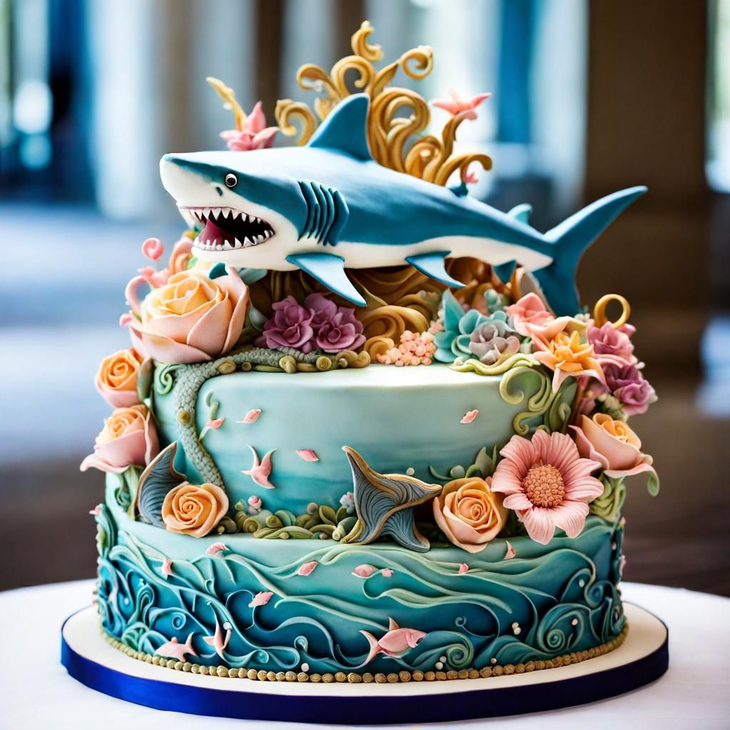 Whimsical Pastel Shark Wedding Cake