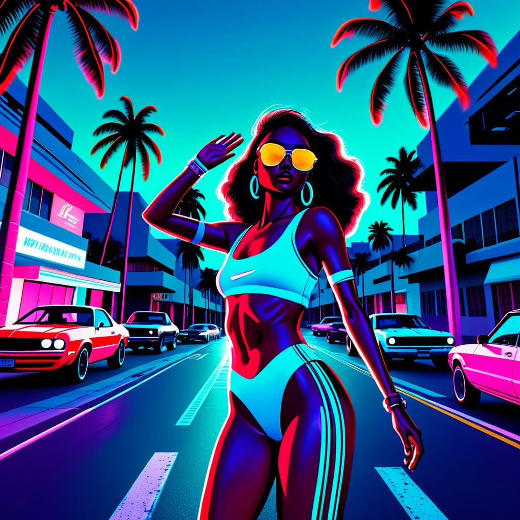 Neon Vaporwave Miami Street Scene