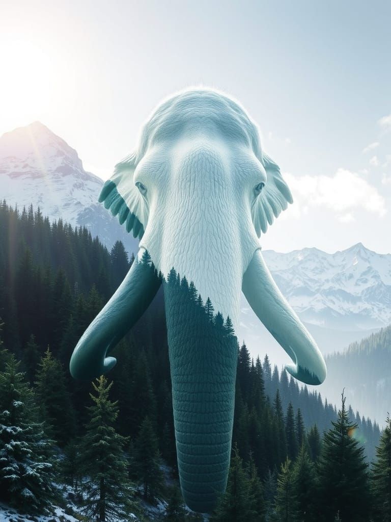 Ethereal Mammoth Head in Double Exposure Style