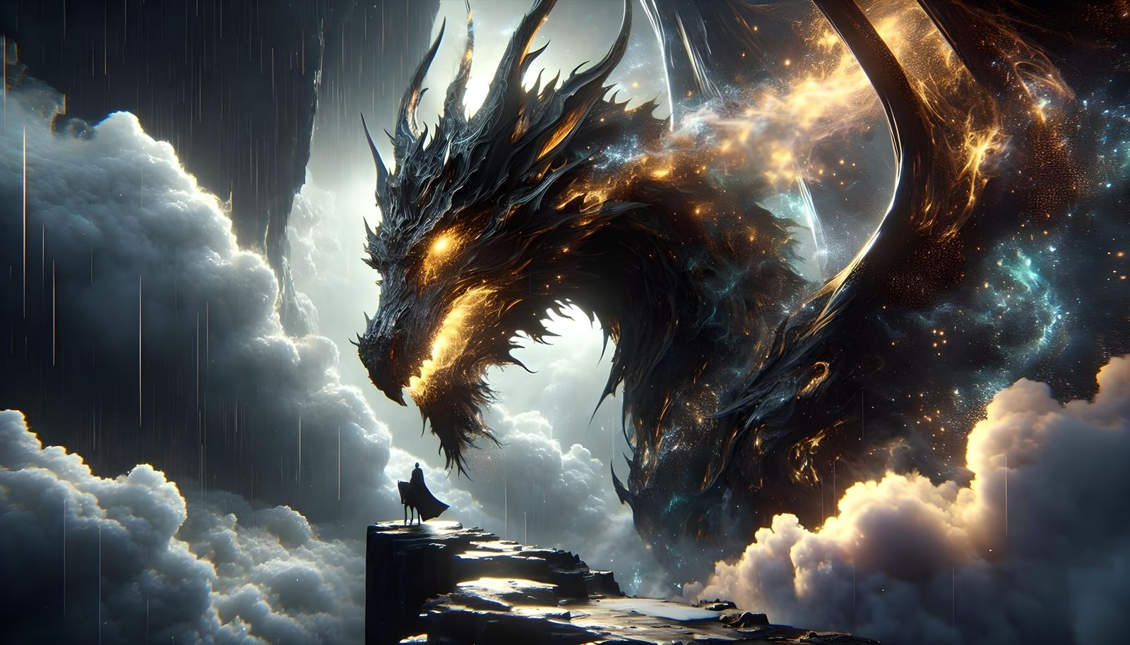 Dragon and Knight in Stormy Skies