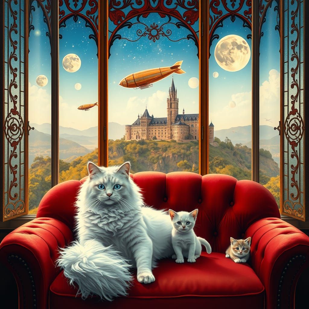 UNE TRES BELLE VUE, avec un château Espagnol sur une colline, dans le ciel un dirigeable, belle lumière 
vue à travers u...