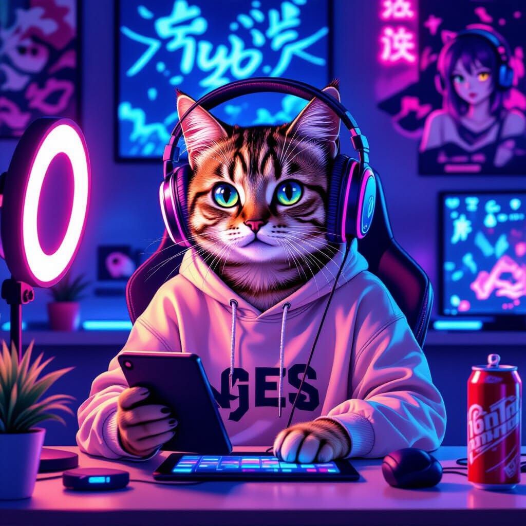 Gen Z Cat Live-Streaming in Neon Cyberpunk Style