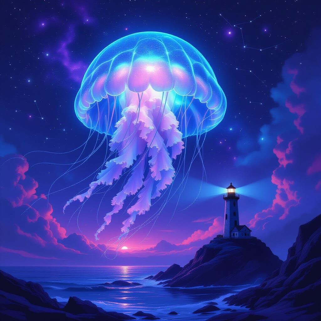 Bioluminescent Jellyfish in Cosmic Ocean with Alien Constell...