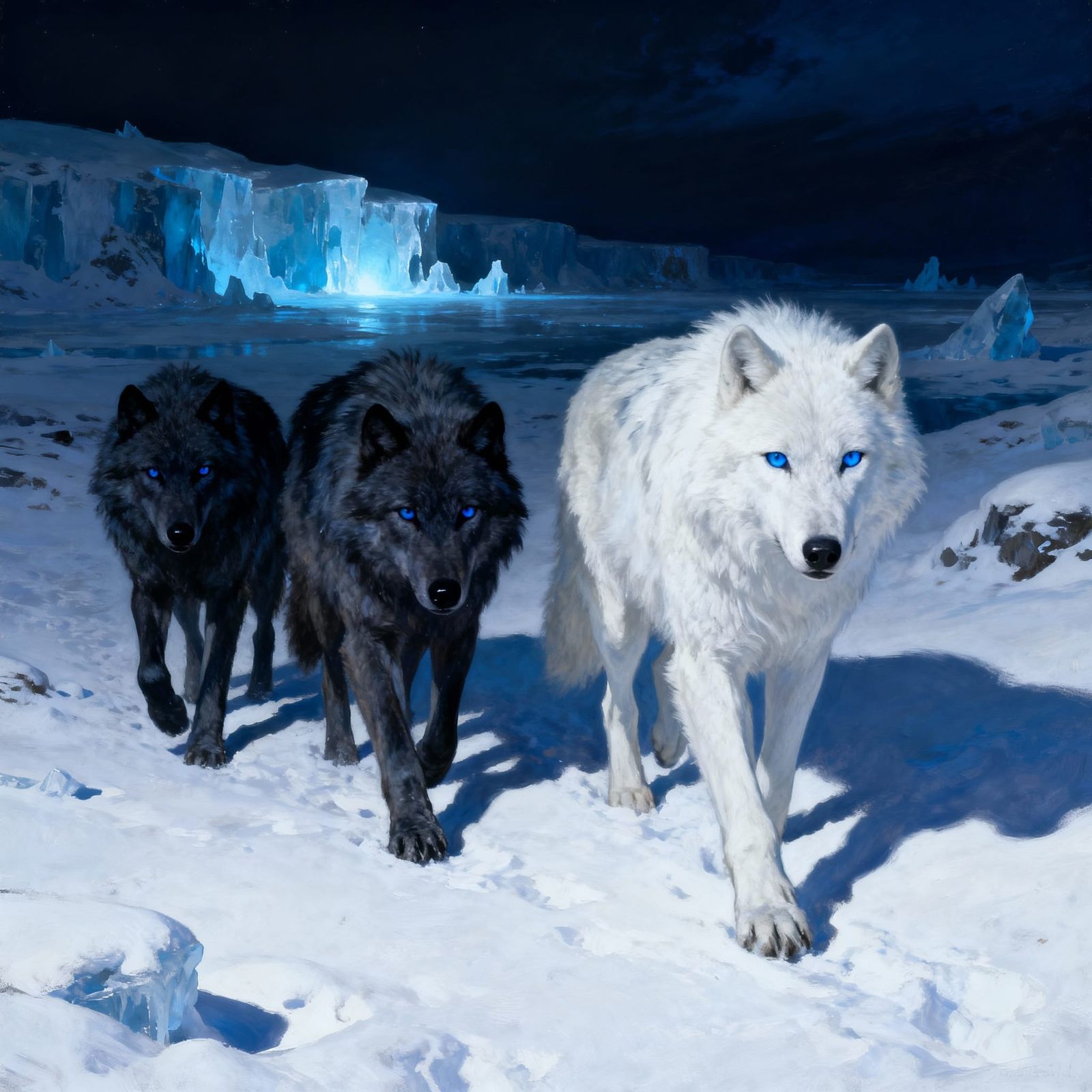 Wolf Pack in Snowy Ice Age Landscape, Hyperrealistic Digital...