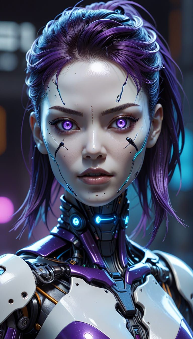 Frightening Japanese Gynoid in Cyberpunk Neon Lighting