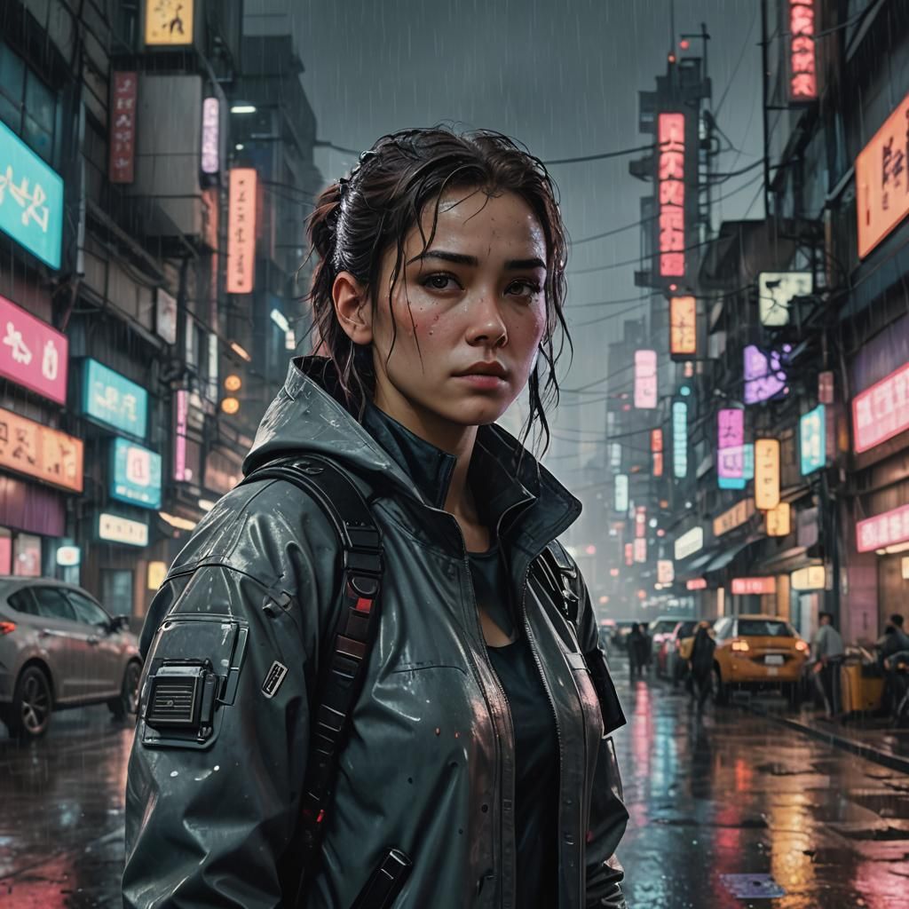 A woman in a  rainy cyberpunk city