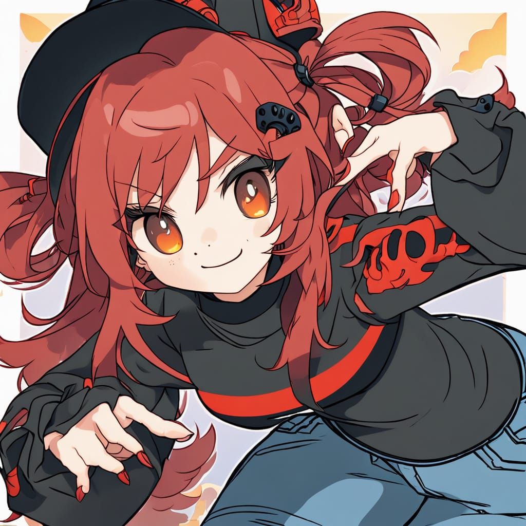 Cute Anime Girl with Red Highlights and Blue Crop Top