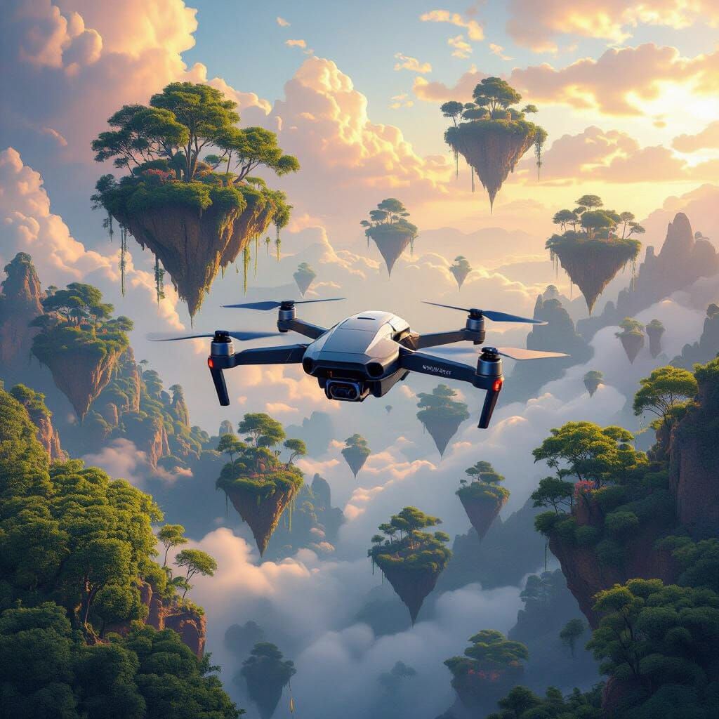 Drone Soaring Through Floating Islands as Digital Art