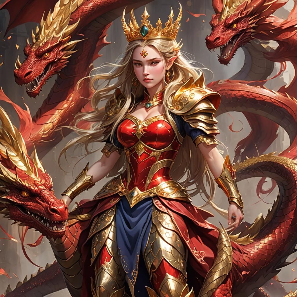 Regal Warrior Queen Rides Majestic Dragon in Sparkling Red a...