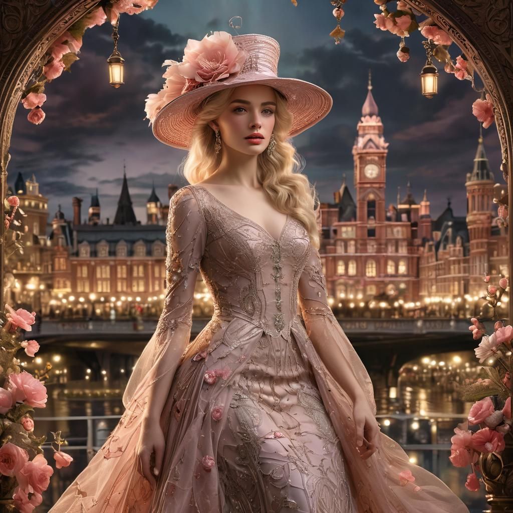 Victorian Lady in Elegant Ash Pink Gown with Iridescent Acce...