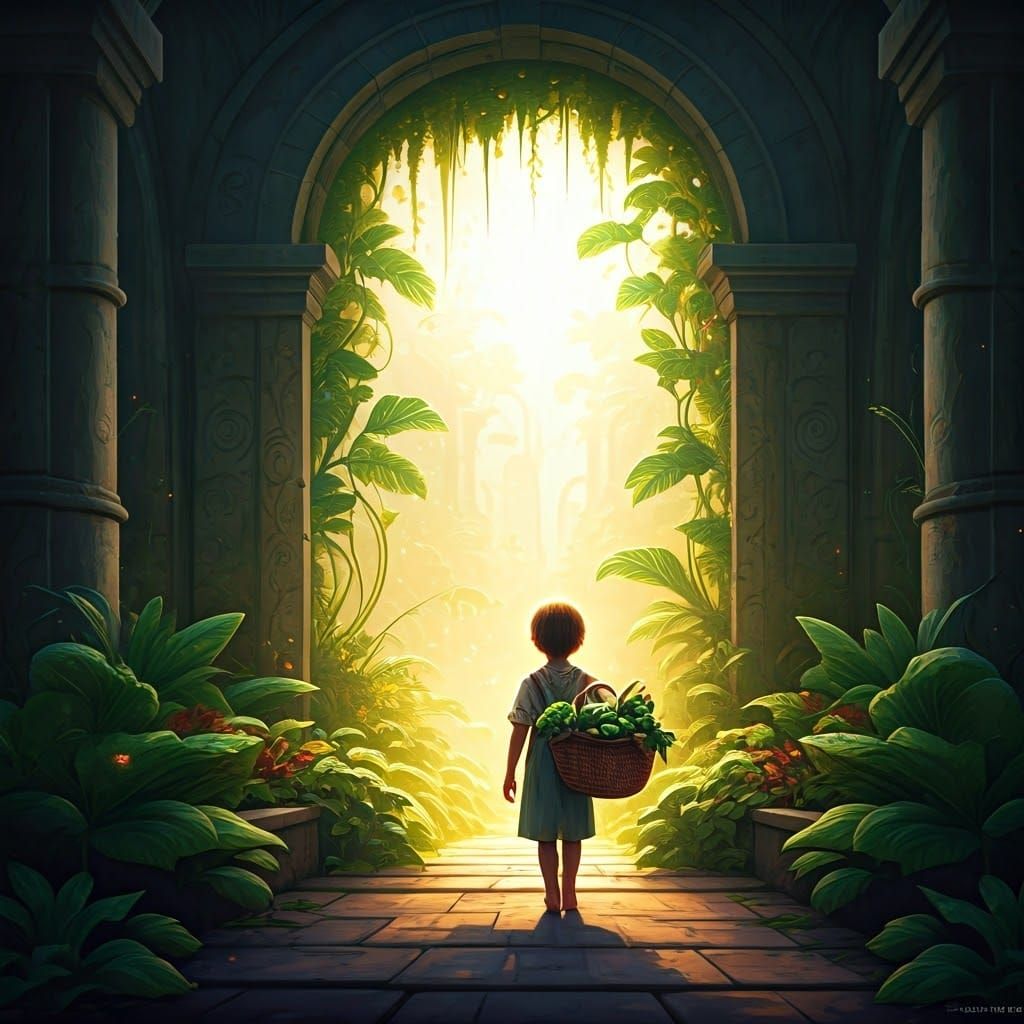 Whimsical Child Navigates Vibrant Garden with Emerald Vegeta...