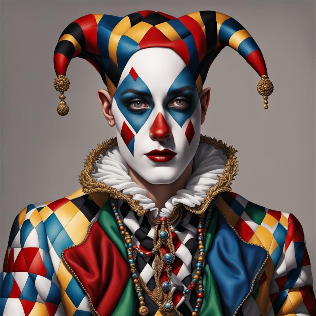 Vibrant Harlequin in Intricate Renaissance Attire