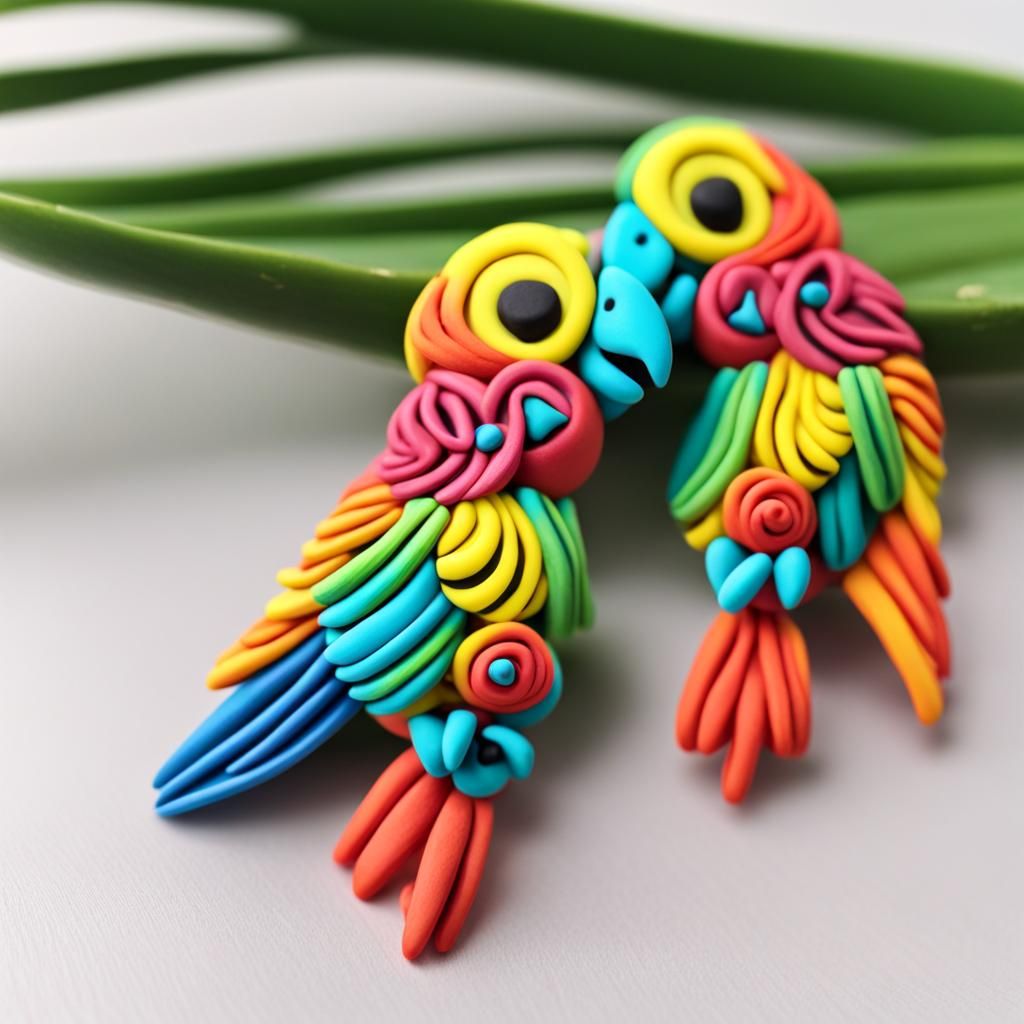 Hyper-Realistic Polymer Clay Parrot Earrings in Vibrant Colo...