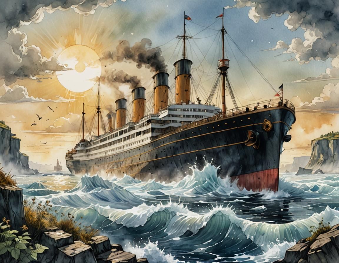 Monge-Style Watercolor Painting of Titanic Sailing into Iceb...