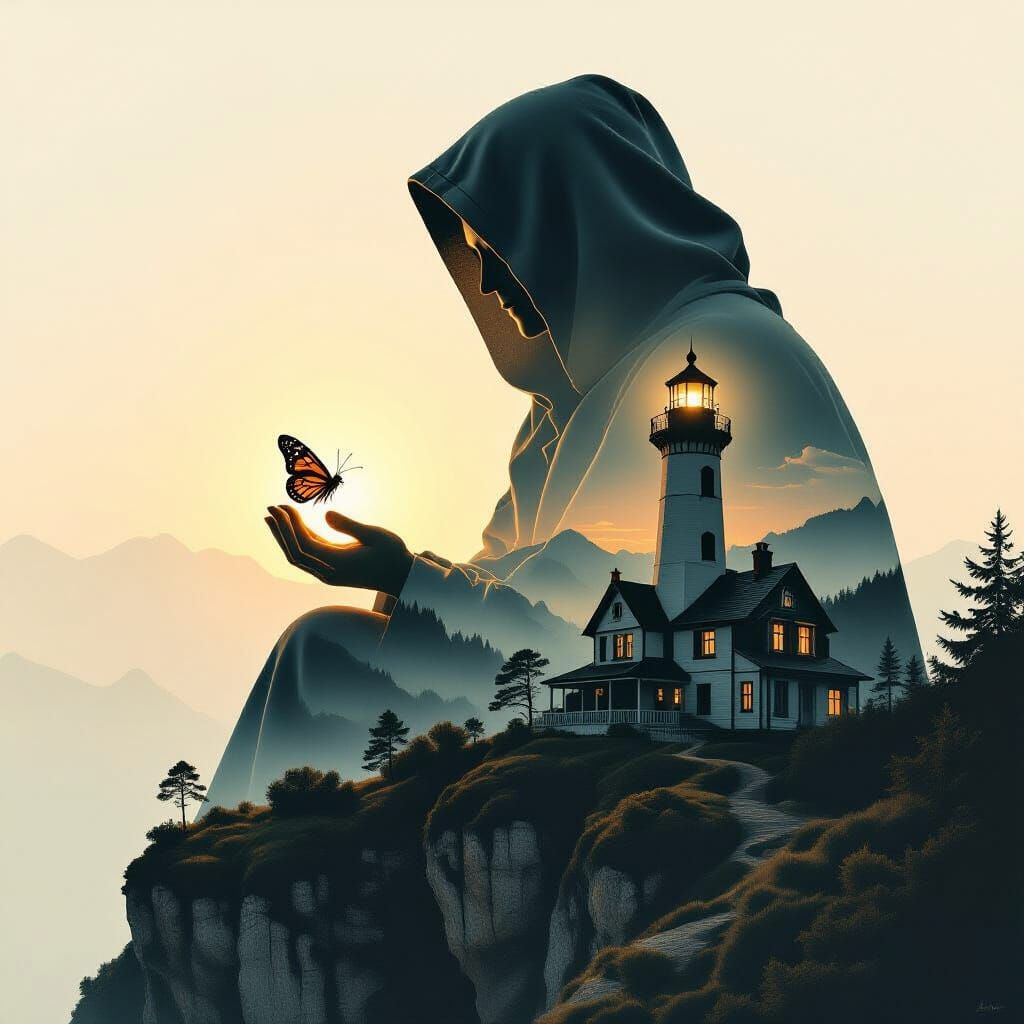 Mystical Creature Admiring Moth at Sunset in Double Exposure