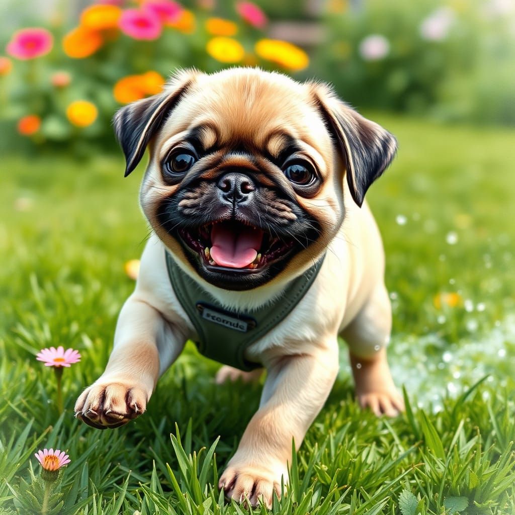Joyful Pug Puppy Plays in Vibrant Outdoor Setting