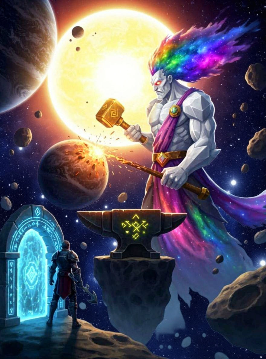 Fantasy God Forging World on Asteroid Beside Magic Portal
