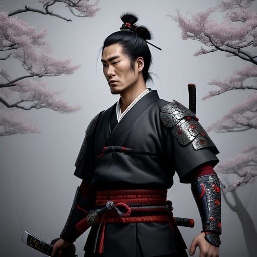 Samurai in Serene Feudal Landscape with Cherry Blossoms