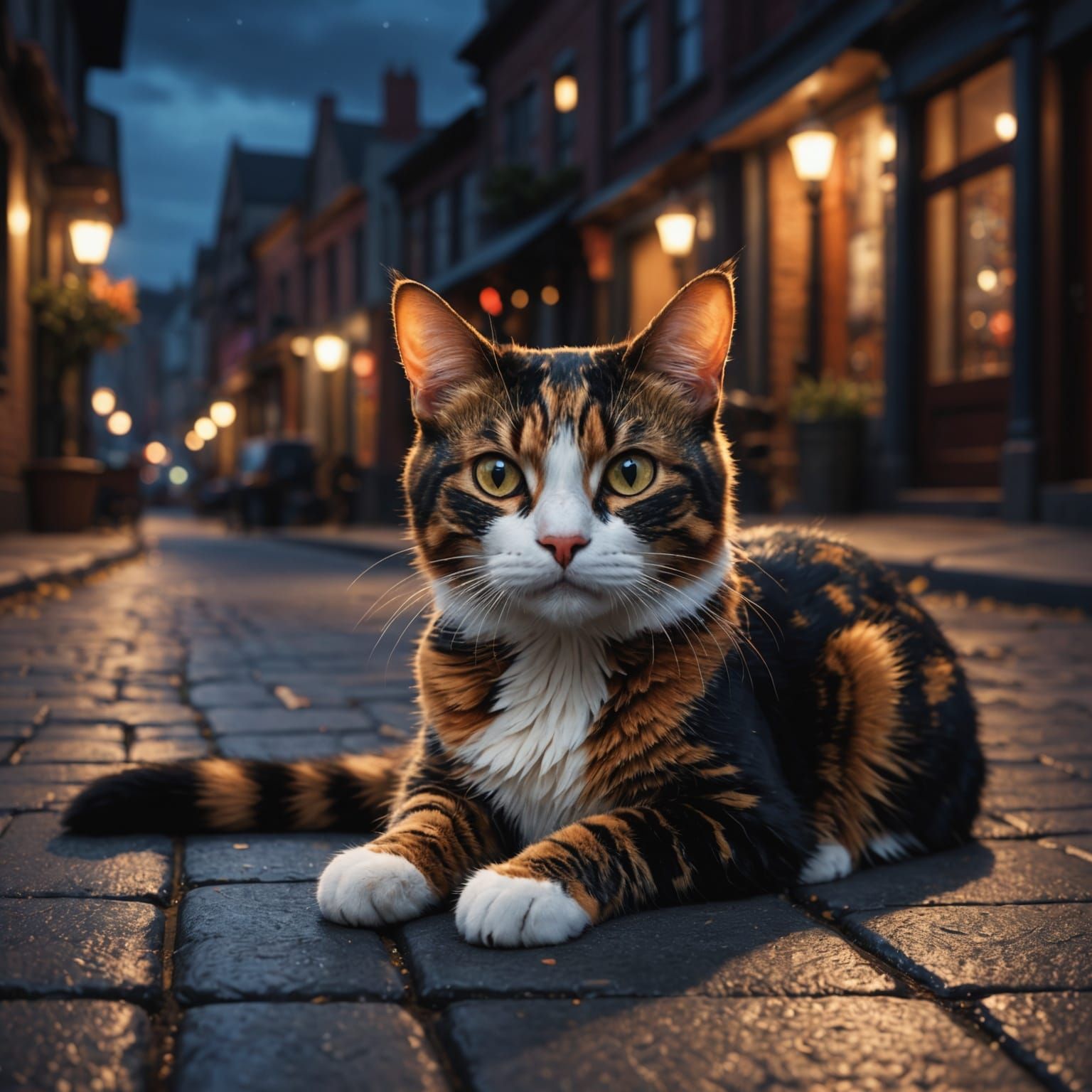 Whimsical Calico Cat Illuminates Urban Night