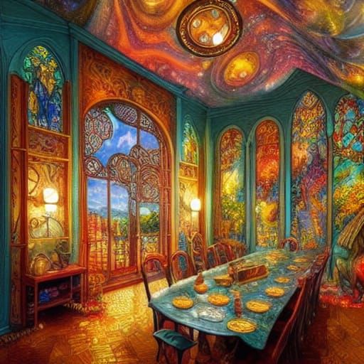 Vibrant Stained Glass Dining Room Scene