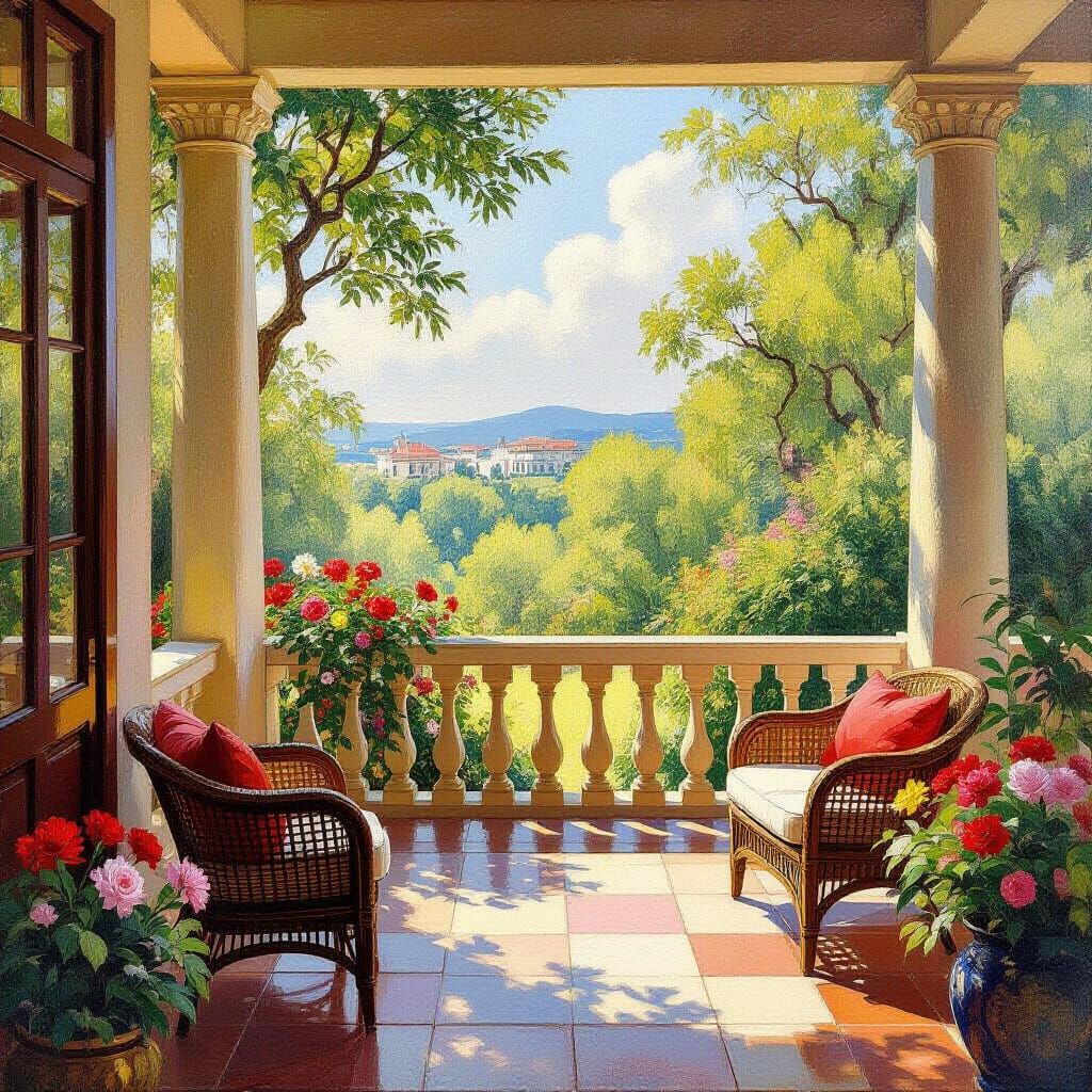 Art Deco Oil Painting of a Lush Garden Back Porch