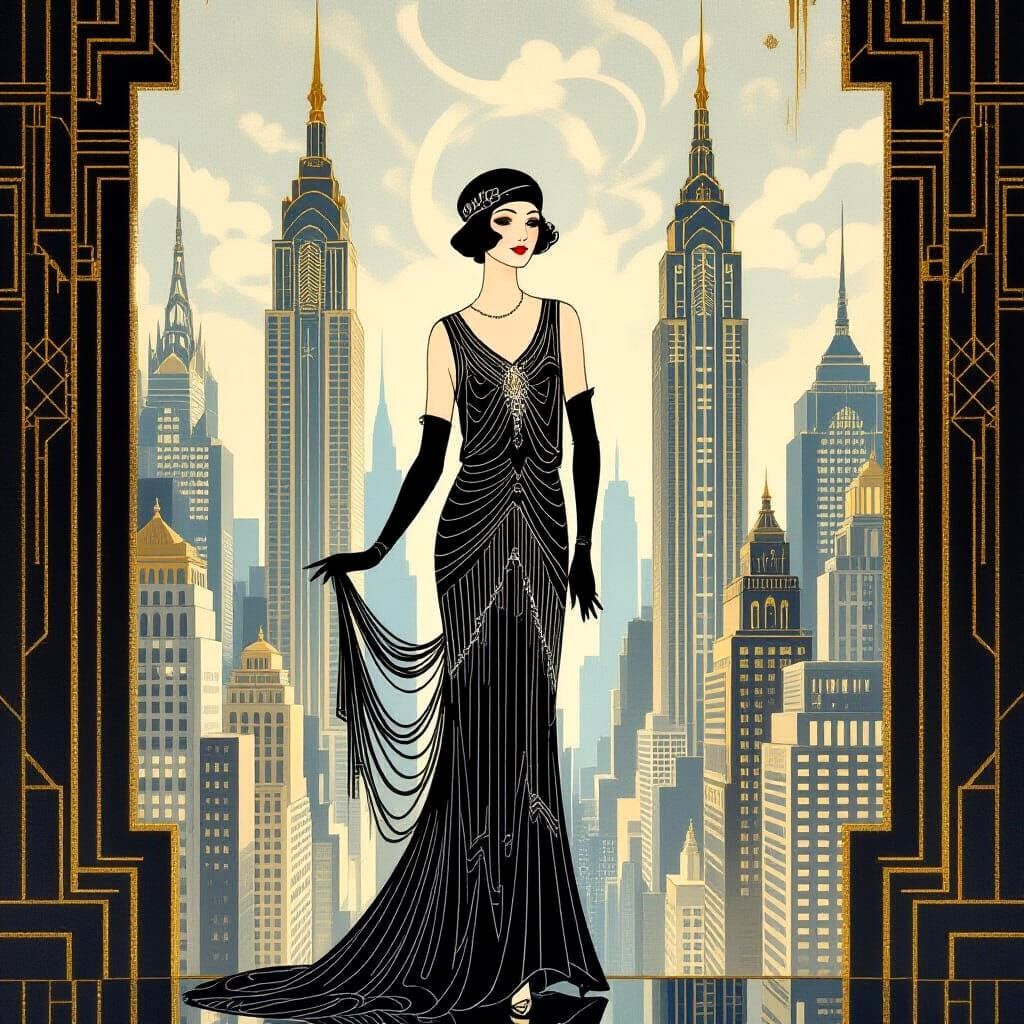Art Deco Cityscape with Elegant Flapper Lady
