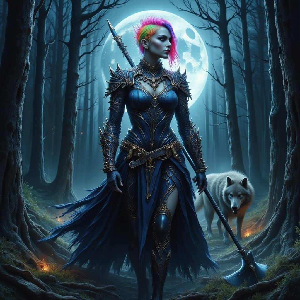 Gothic Warrior Woman With Neon Hair And Wolf Companion