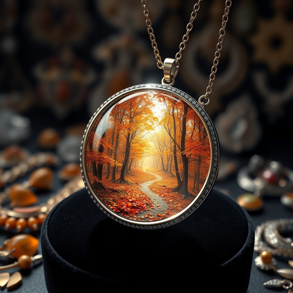 Enchanted Autumn Forest Necklace in Gemstone Dome