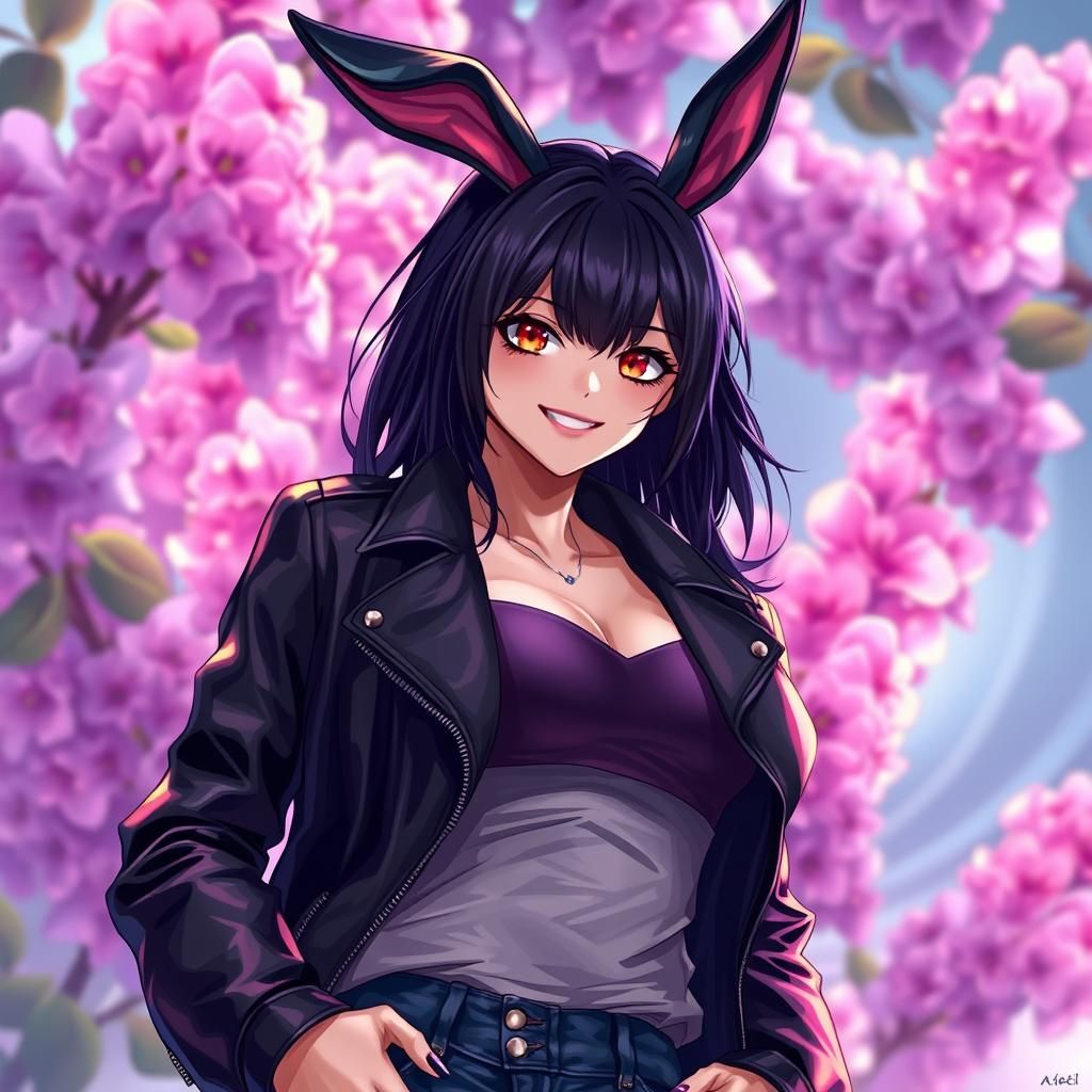 Confident Anime Girl with Black Rabbit Ears