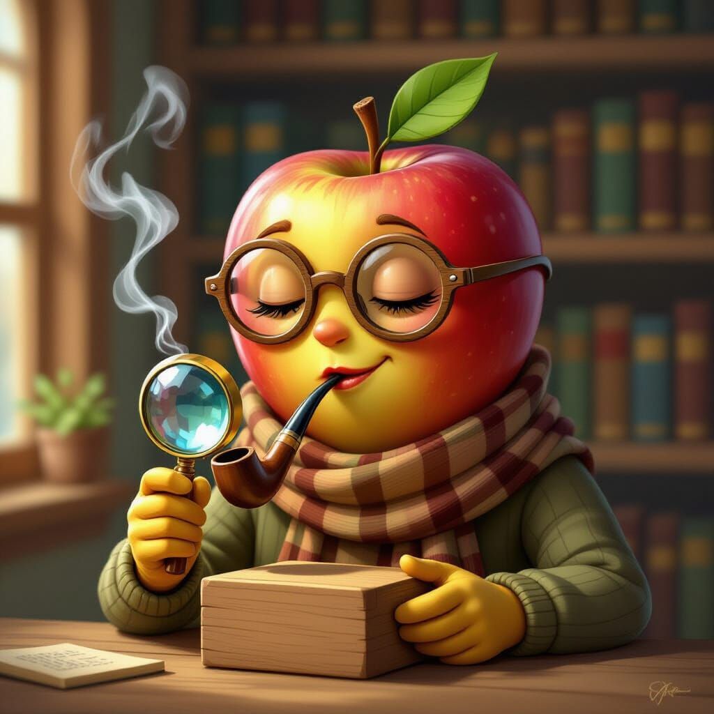 Anthropomorphic Apple Detective Examining Evidence