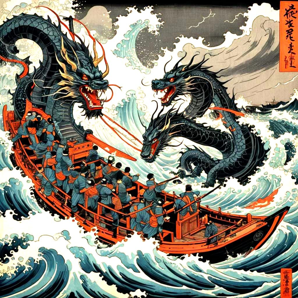 Surreal Samurai Warriors Confront a Sea Dragon in a Ukiyo-e....