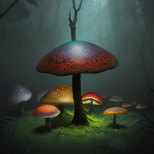 Surrealistic Mushroom Zygospore in Vibrant, Ethereal Light