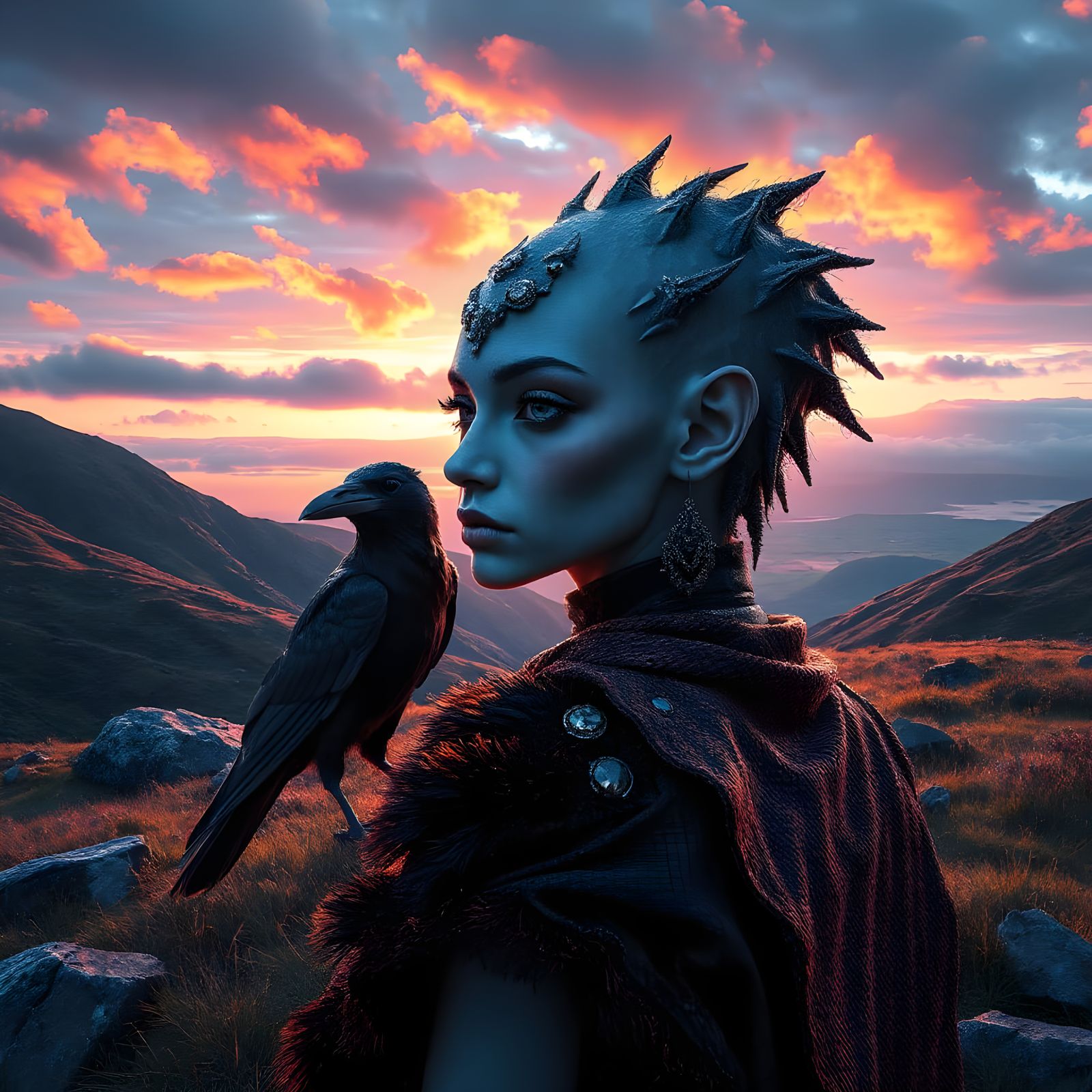 Alien Fashionista and Raven Shadow in Scottish Sunrise