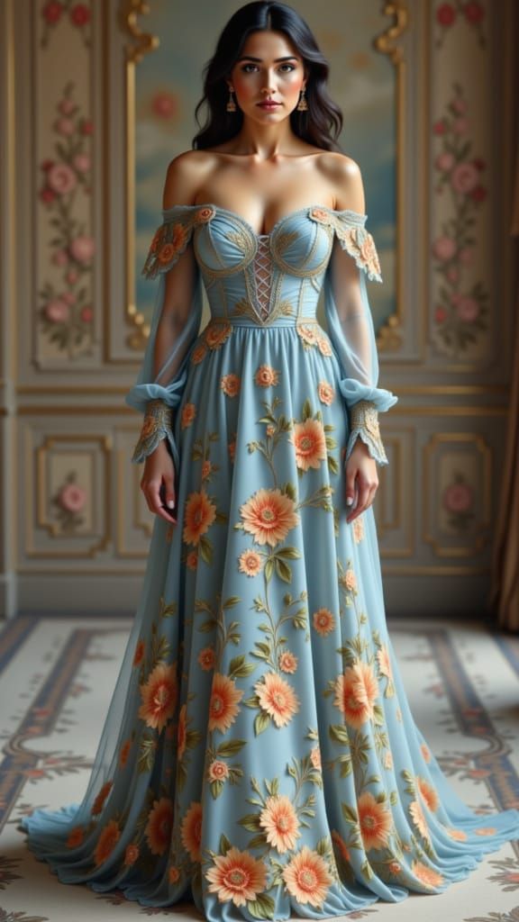 Hyper Realistic Model in Elegant Light Blue Floral Gown