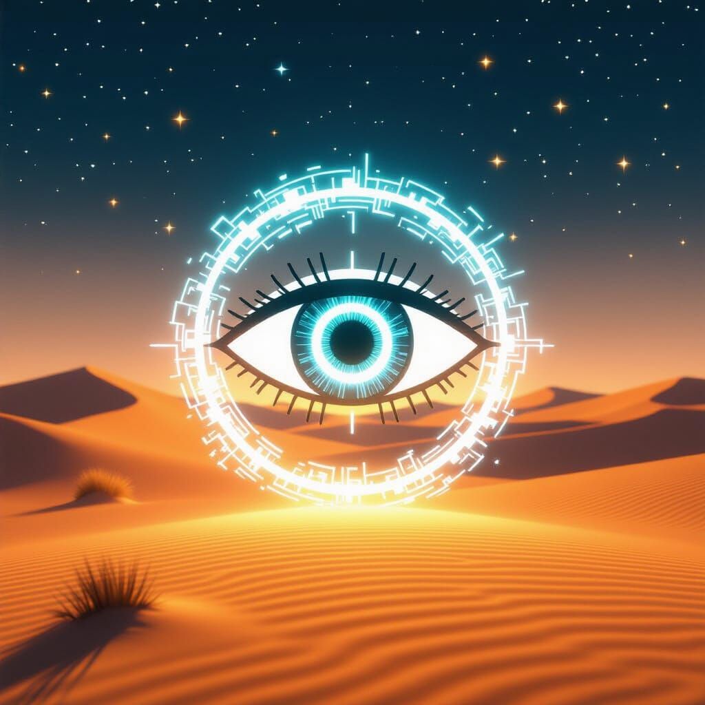 Circuit-Eye Icon in Starforge Halo, Retrofuturistic Style