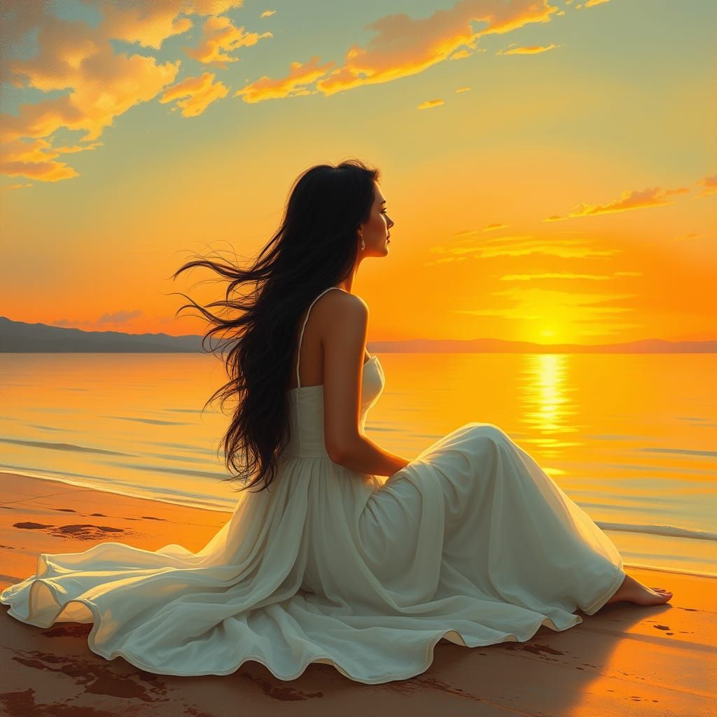 Woman Gazing at Sunset in Romantic Landscape Style