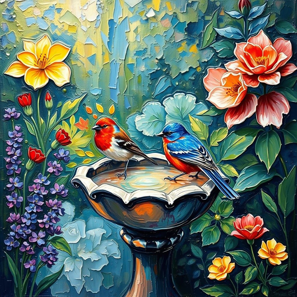 Birds in Garden Bird Bath: Expressionist Oil Painting