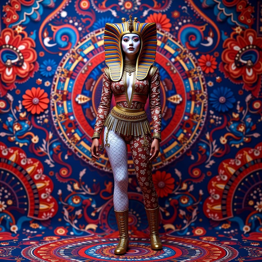 Harlequin Geisha Tutankhamun Full Body Photorealistic
