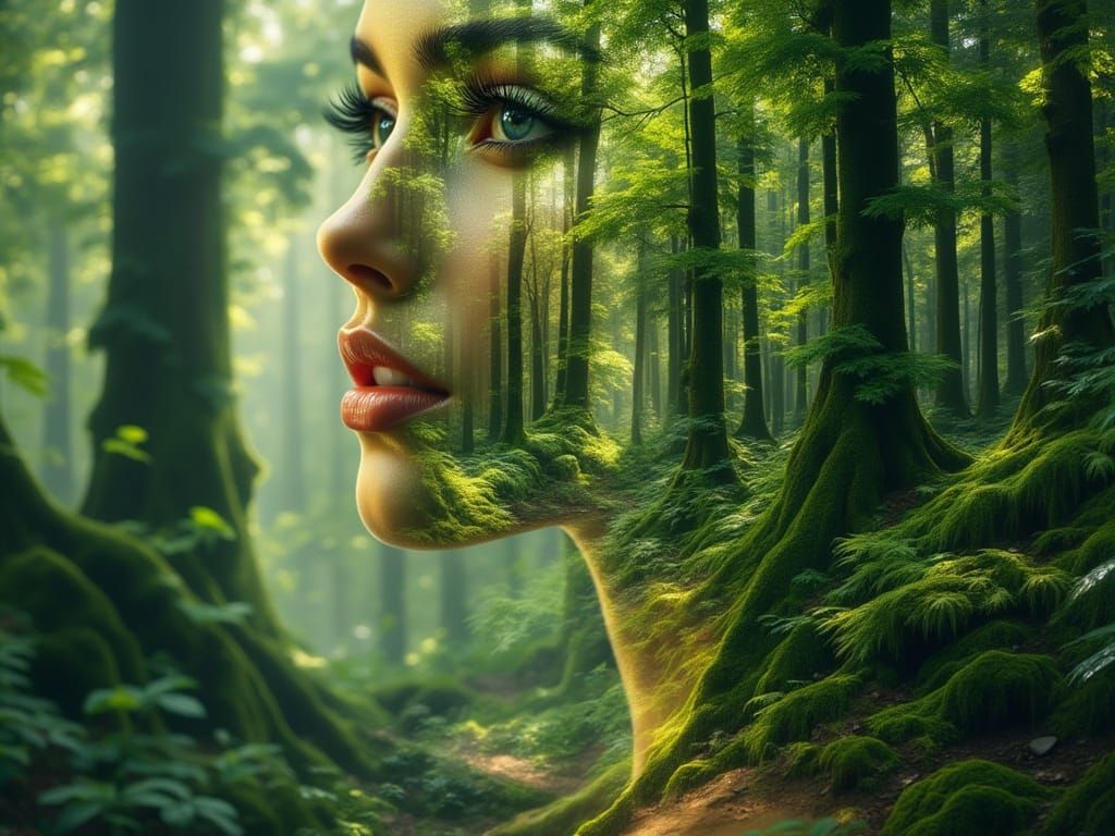Woman Merged With Forest Landscape in Double Exposure Style