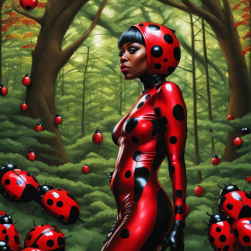 Hyperrealistic Metallic Ladybug in Futuristic Forest Glade