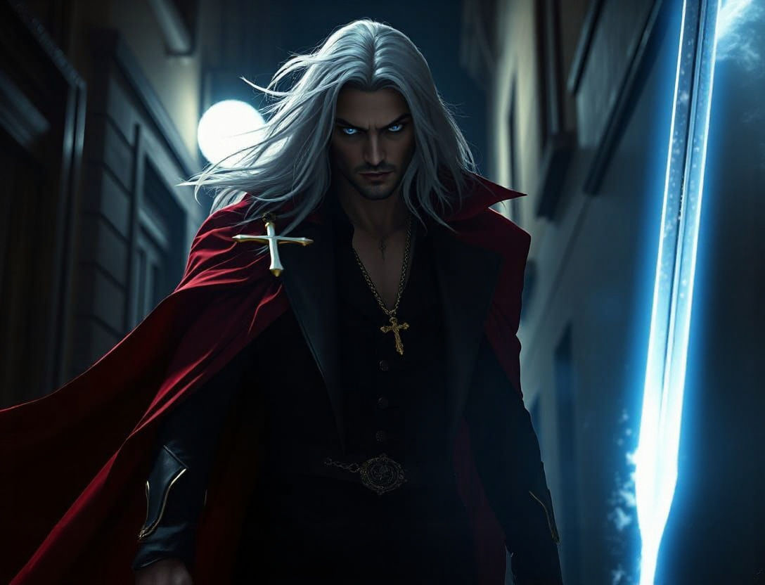 Confident Vampire Alucard Soars Through the Shadows