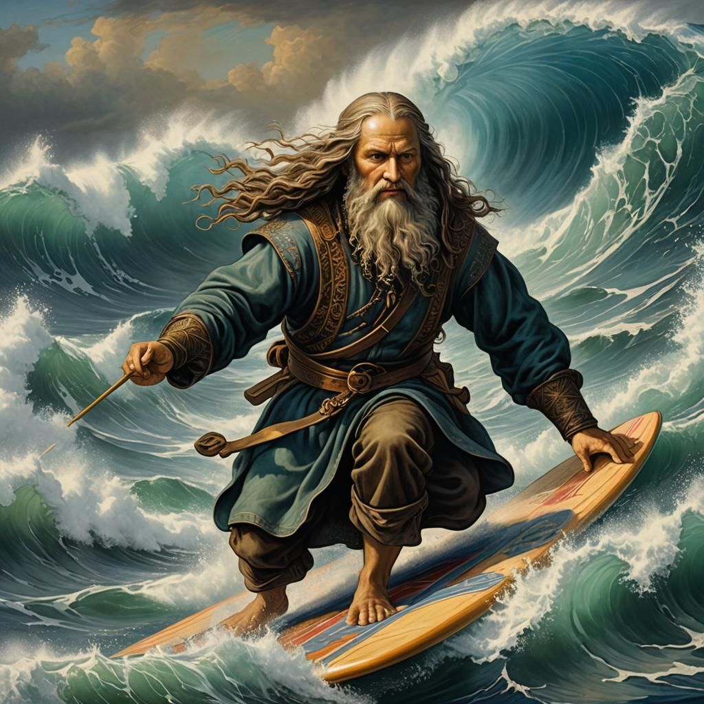 Leonardo de Vinci Surfs Ocean Waves with Hyperrealistic Deta...