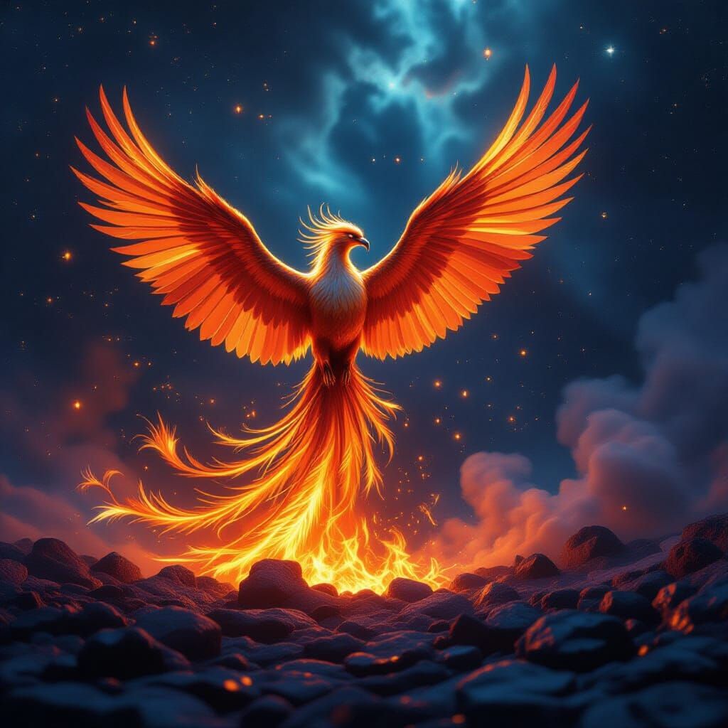 Majestic Phoenix Rises from Embers in Cosmic Nebula