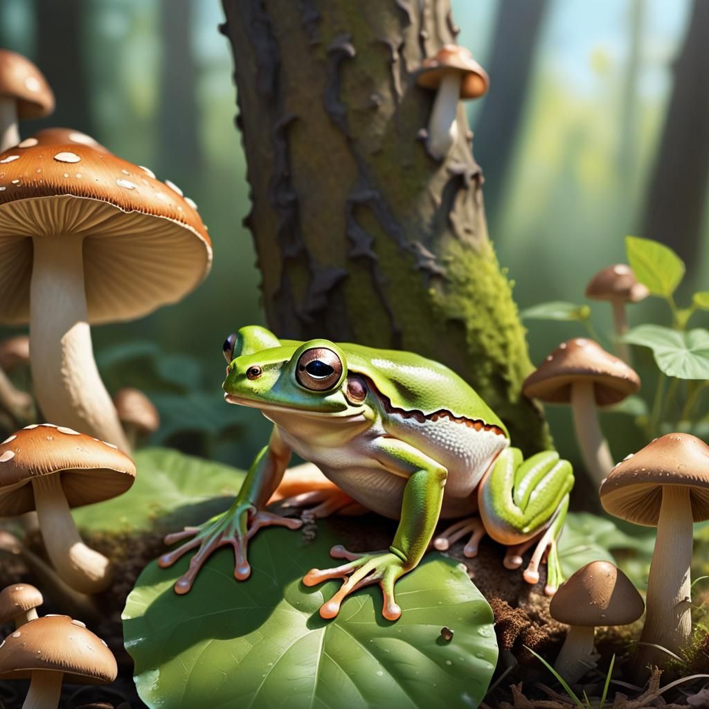 Surrealistic Oil Painting of a Green Tree Frog Amidst Mushro...