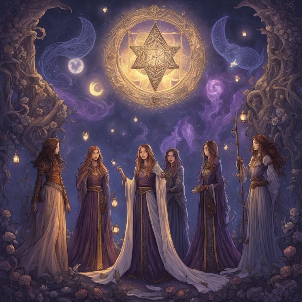 Mystical Witch Gathering Under Starry Sky in Art Nouveau Sty...