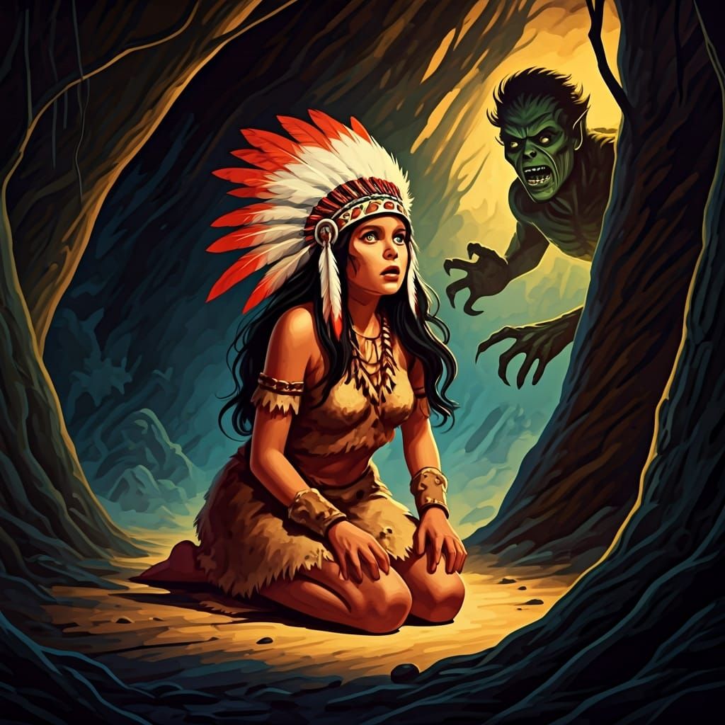 Frightened Girl and Monster in Savage B-Movie Style