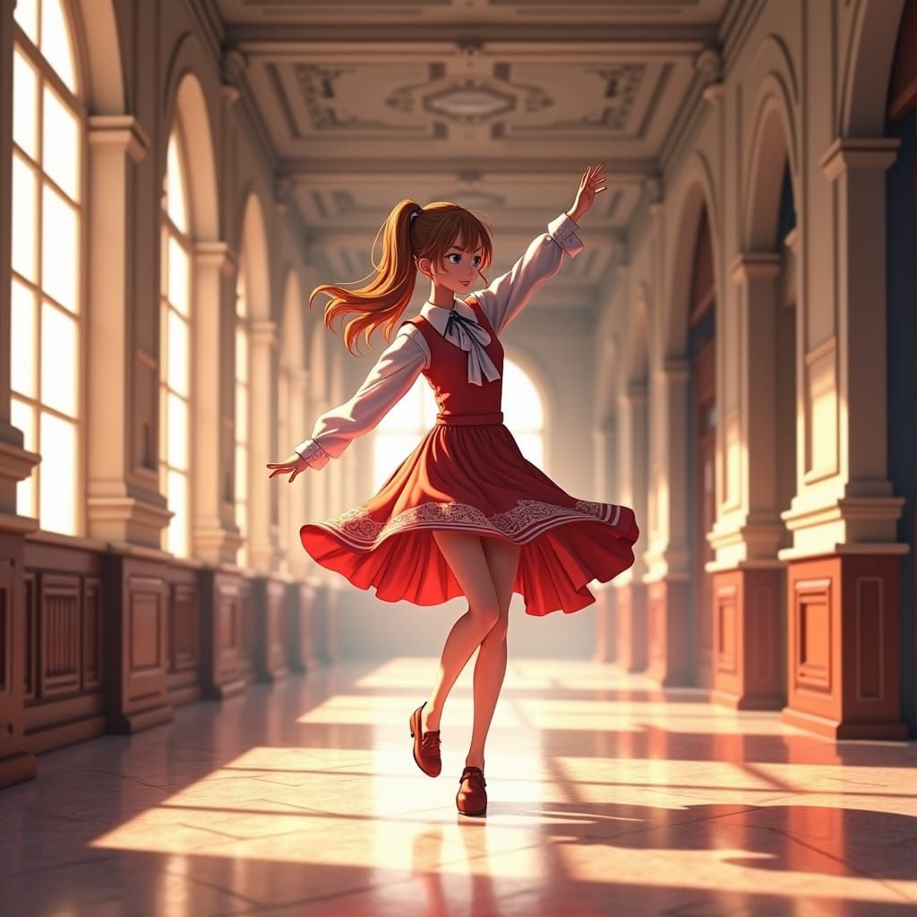 Girl Dancing in a Dreamlike Hallway with Anime-Inspired Deta...