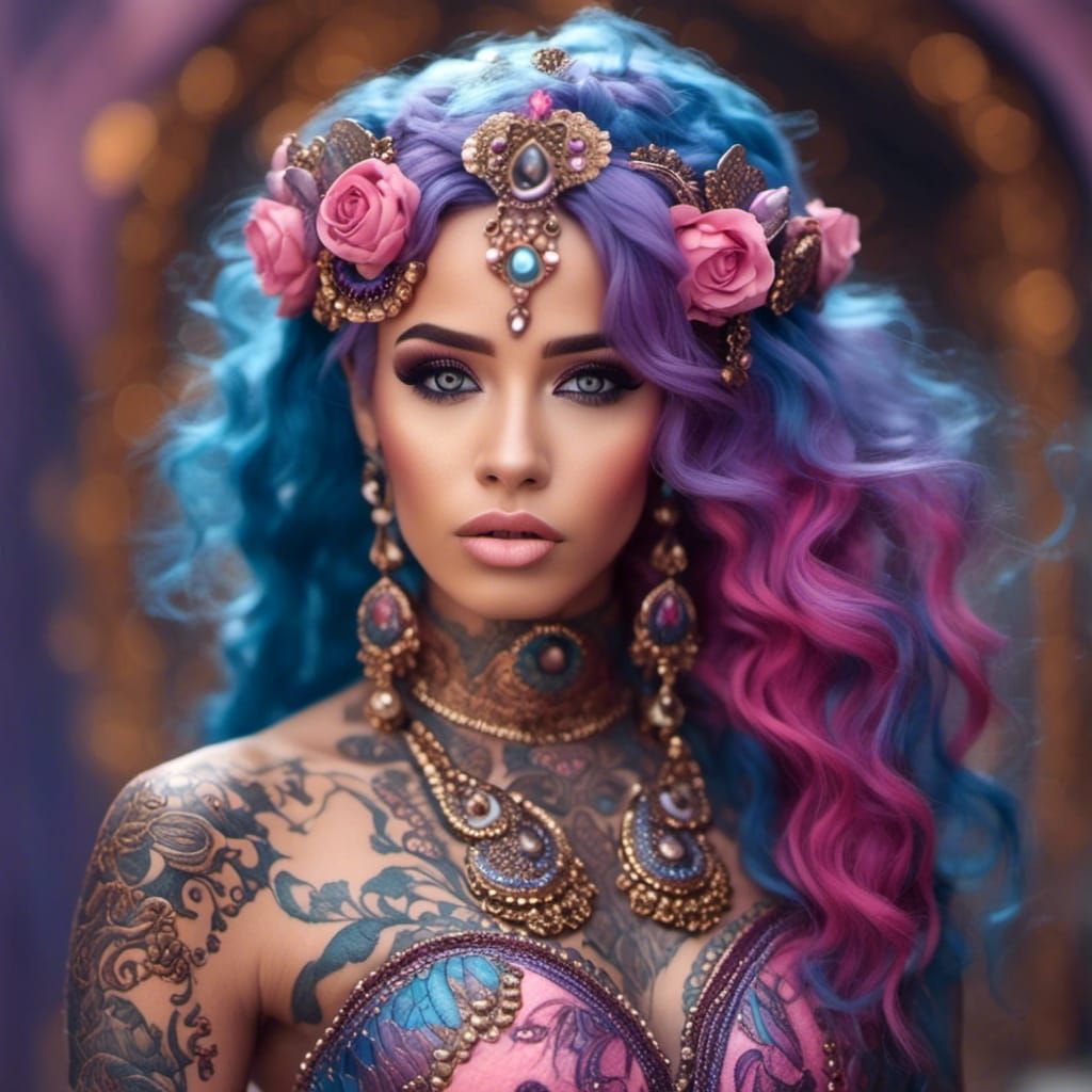 A Cyberpunk-Inspired Woman with Vibrant Hair and Intricate T...