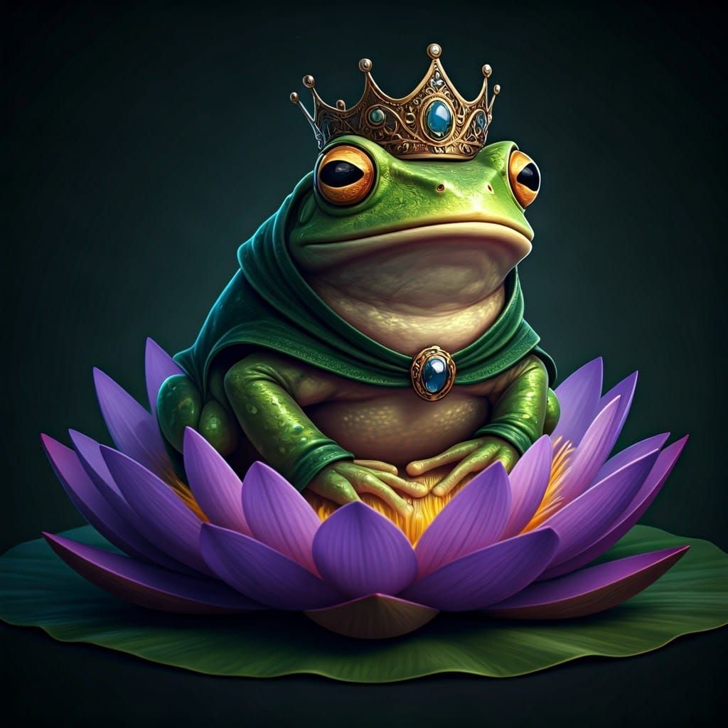 Regal Frog in Lavish Velvety Cloak on Purple Lotus